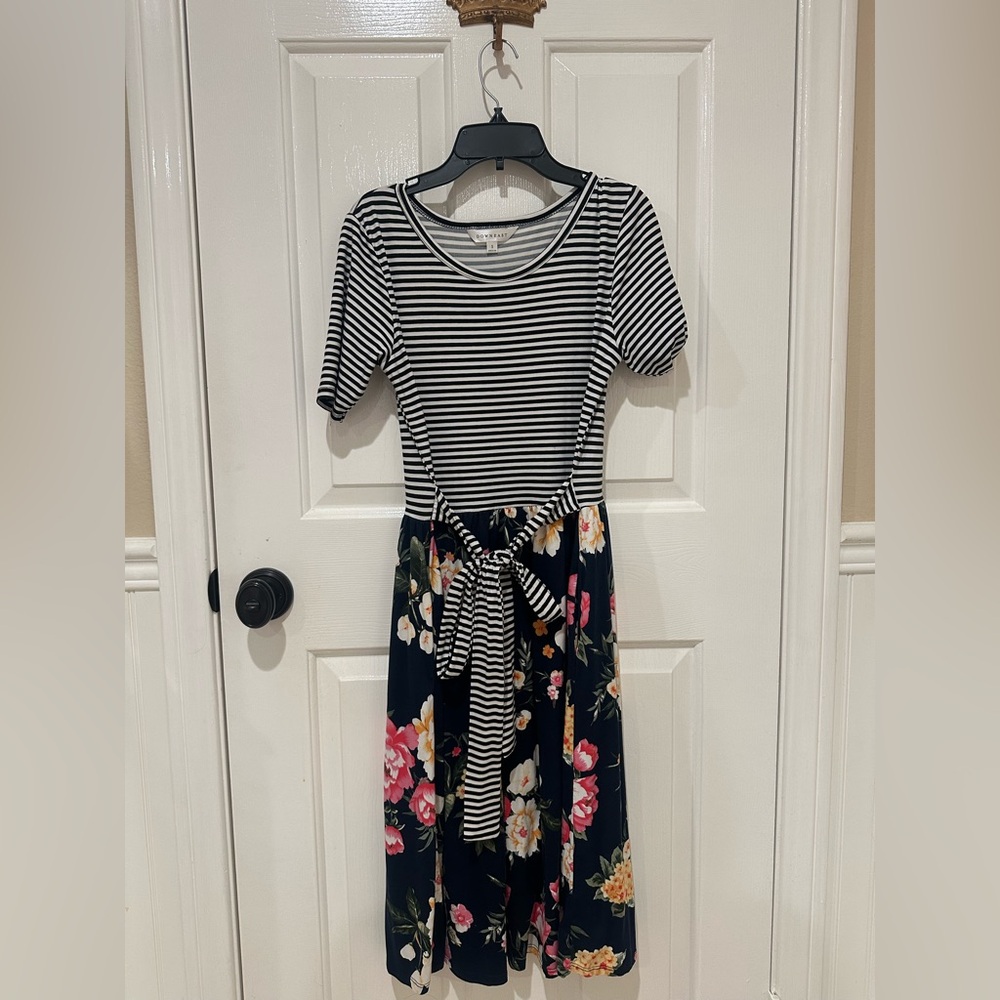 DownEast Utah Church Style Conservative Black and White Striped Dress